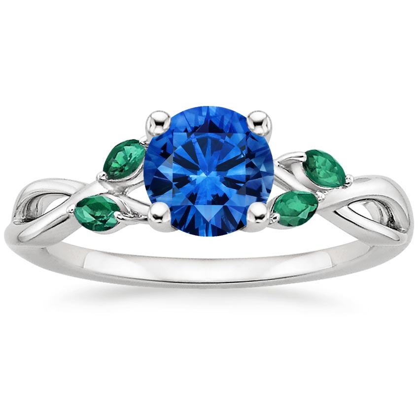 Sapphire Willow Ring With Lab Emerald Accents in 18K White Gold