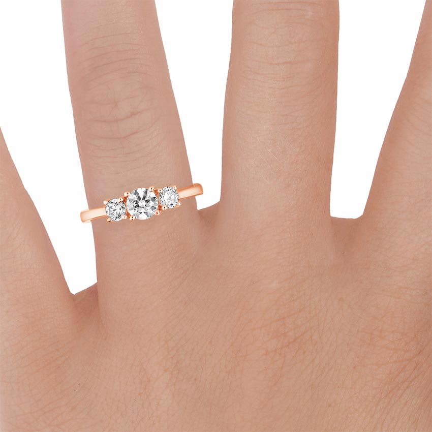 14K Rose Gold Petite Three Stone Trellis Diamond Ring (1/3 ct. tw.), large zoomed in top view on a hand