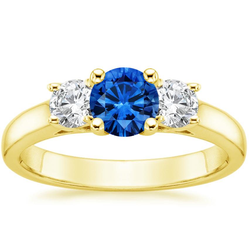 Sapphire Three Stone Diamond Trellis Ring in 18K Yellow Gold