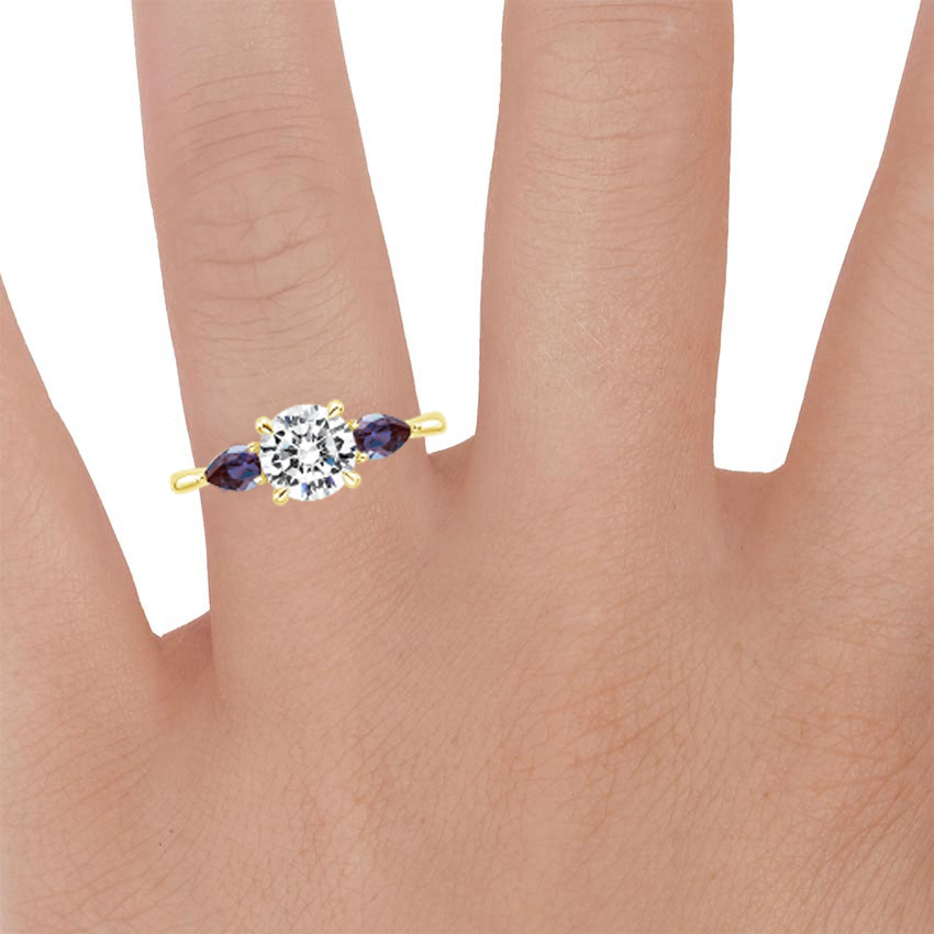18K Yellow Gold Opera Ring with Lab Alexandrite Accents, large zoomed in top view on a hand