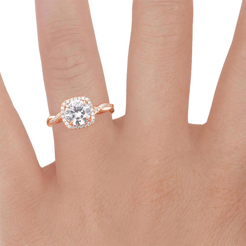 14K Rose Gold Petite Twisted Vine Halo Diamond Ring (1/4 ct. tw.), large zoomed in top view on a hand