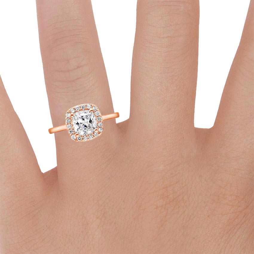 14K Rose Gold Fancy Halo Diamond Ring (1/6 ct. tw.), large zoomed in top view on a hand