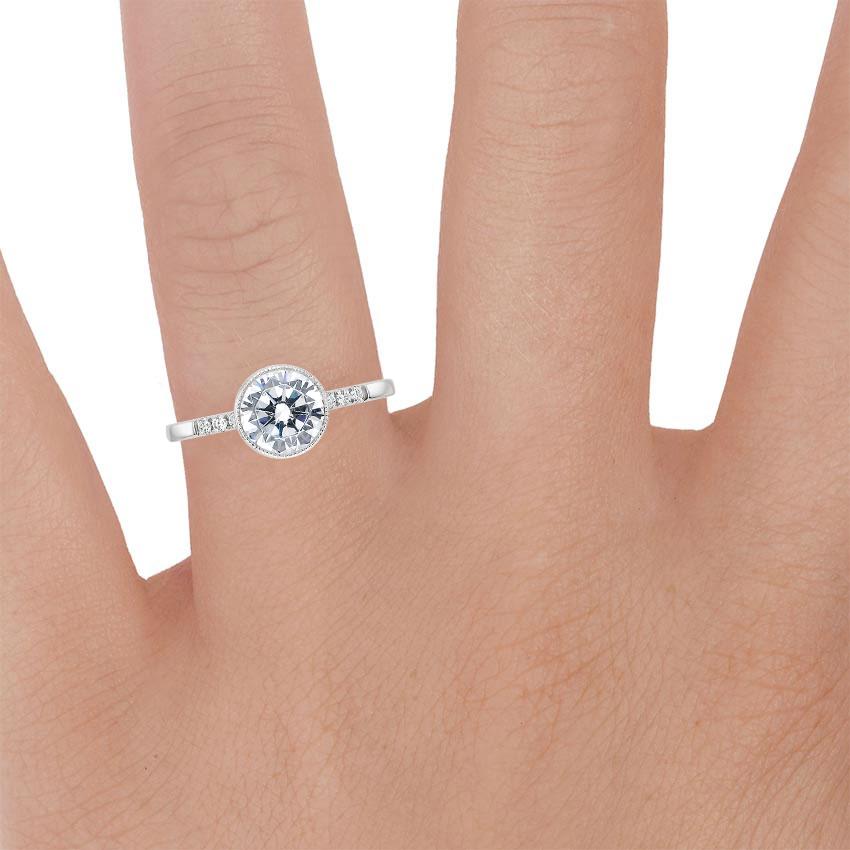 18K White Gold Imogen Diamond Ring, large zoomed in top view on a hand