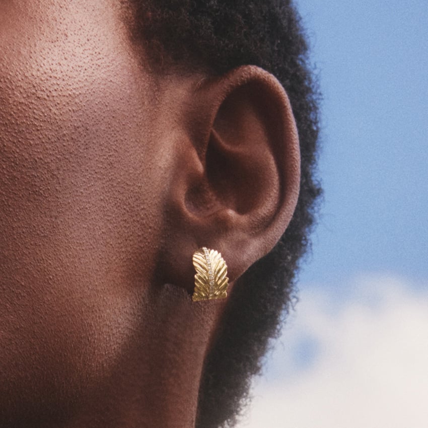 14K Yellow Gold Leaf Lab Diamond Huggie Earrings
