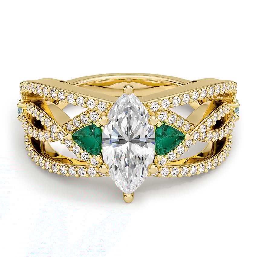 Custom Open Strand Emerald, Aquamarine, and Diamond Ring