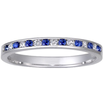 Petite Channel Set Round Diamond and Sapphire Ring in 18K White Gold