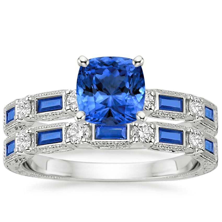 Sapphire Vintage Sapphire and Diamond Bridal Set in 18K White Gold