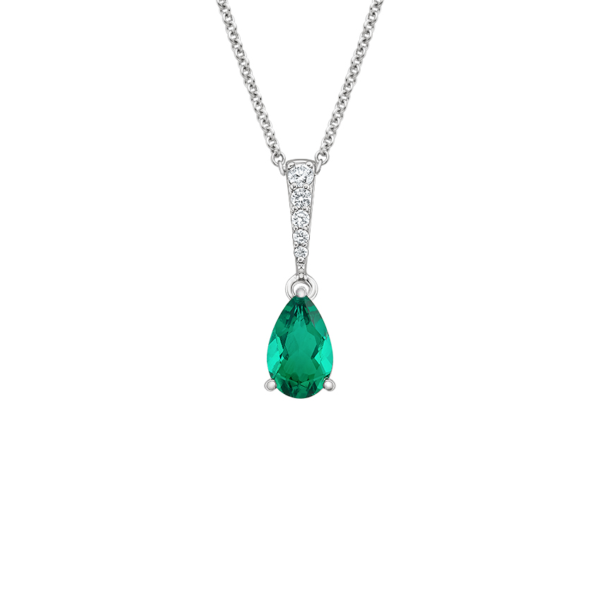 Anjou Lab Emerald and Diamond Pendant in 18K White Gold