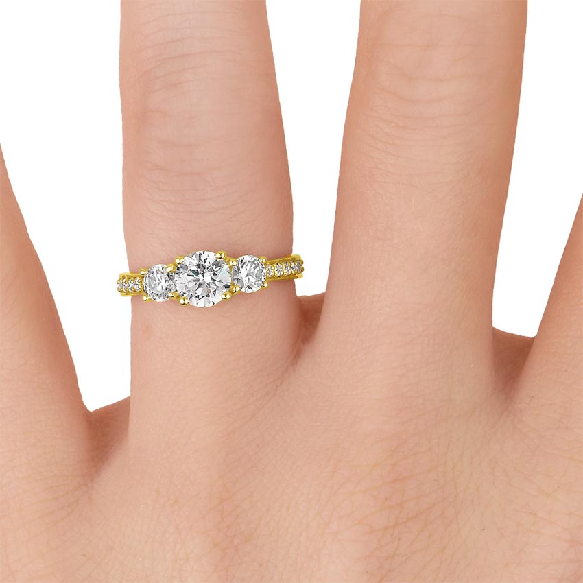 18K Yellow Gold Three Stone Round Diamond Pavé Trellis Ring