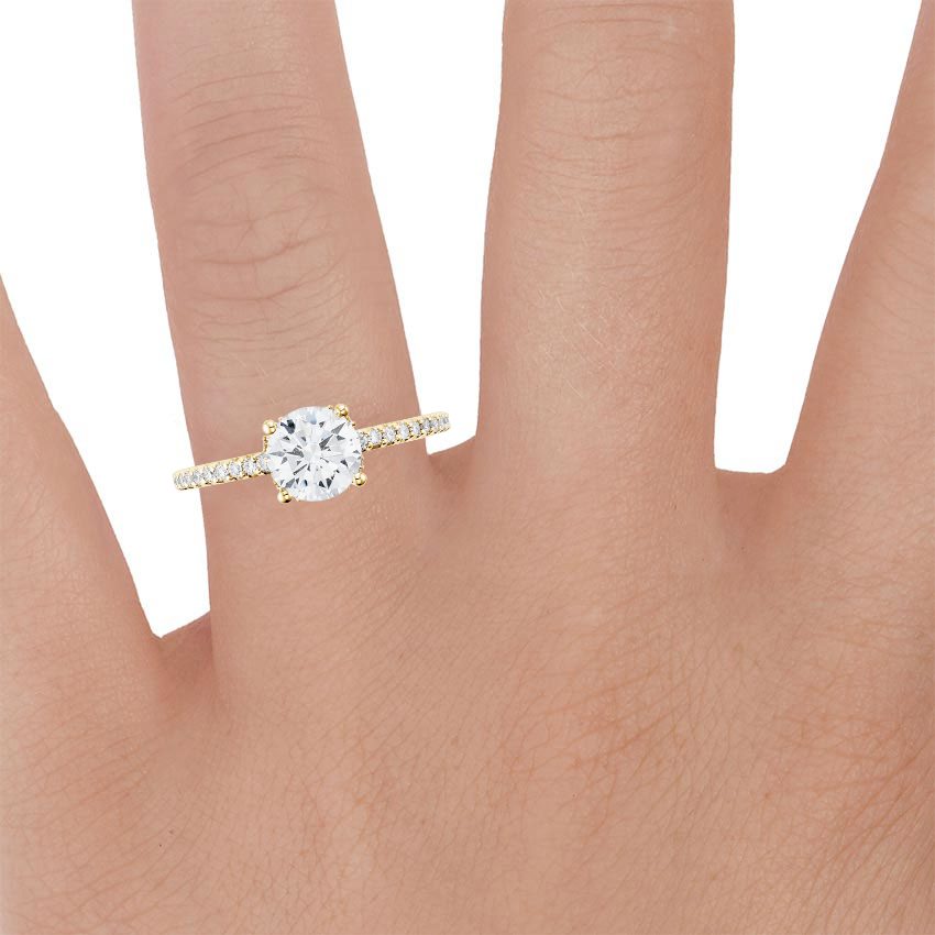 18K Yellow Gold Liana Diamond Ring, large zoomed in top view on a hand