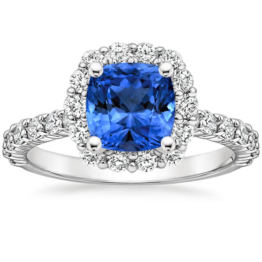 Sapphire Lotus Flower Diamond Ring with Side Stones in 18K White Gold