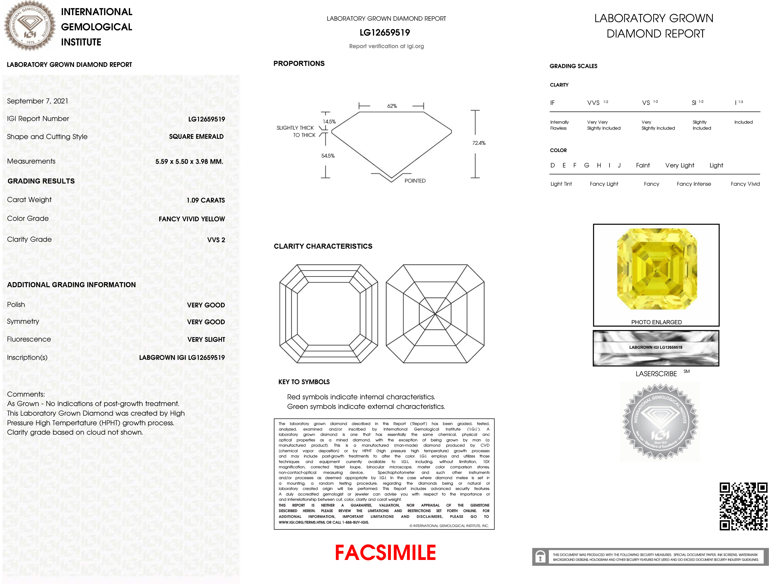 1.09 Ct. Fancy Vivid Yellow Asscher Lab Created Diamond, additional view 2
