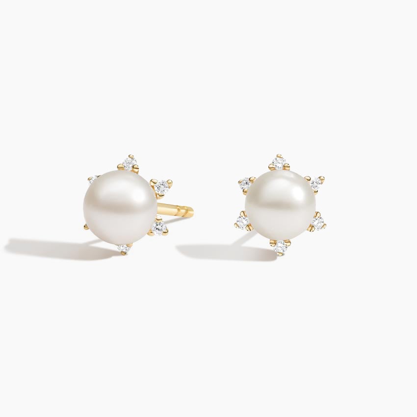Pearl Stud Earrings Diamond Accent Set 14k White Gold 5mm