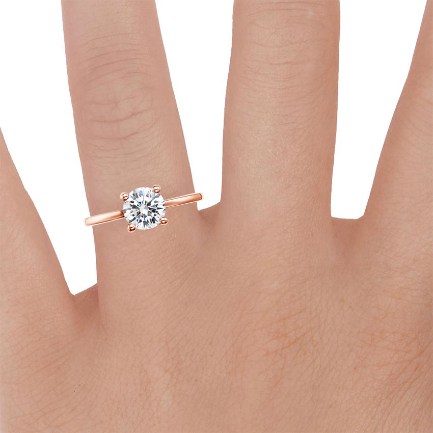 14K Rose Gold Sydney Perfect Fit Hidden Halo Diamond Ring, large zoomed in top view on a hand