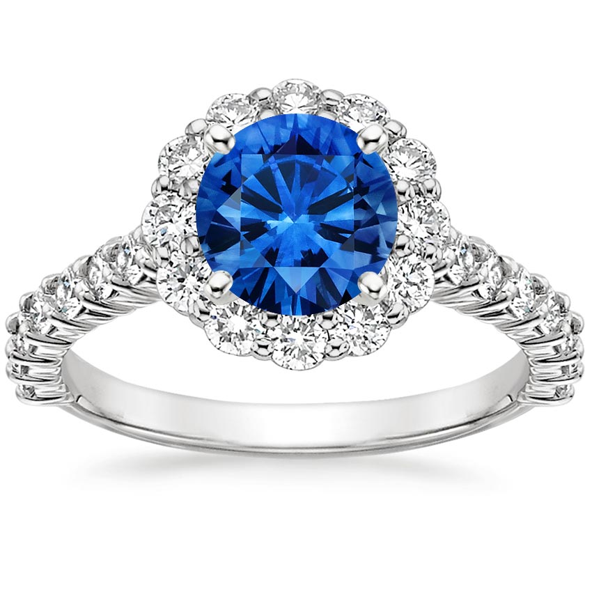 Sapphire Lotus Flower Diamond Ring with Side Stones in Platinum