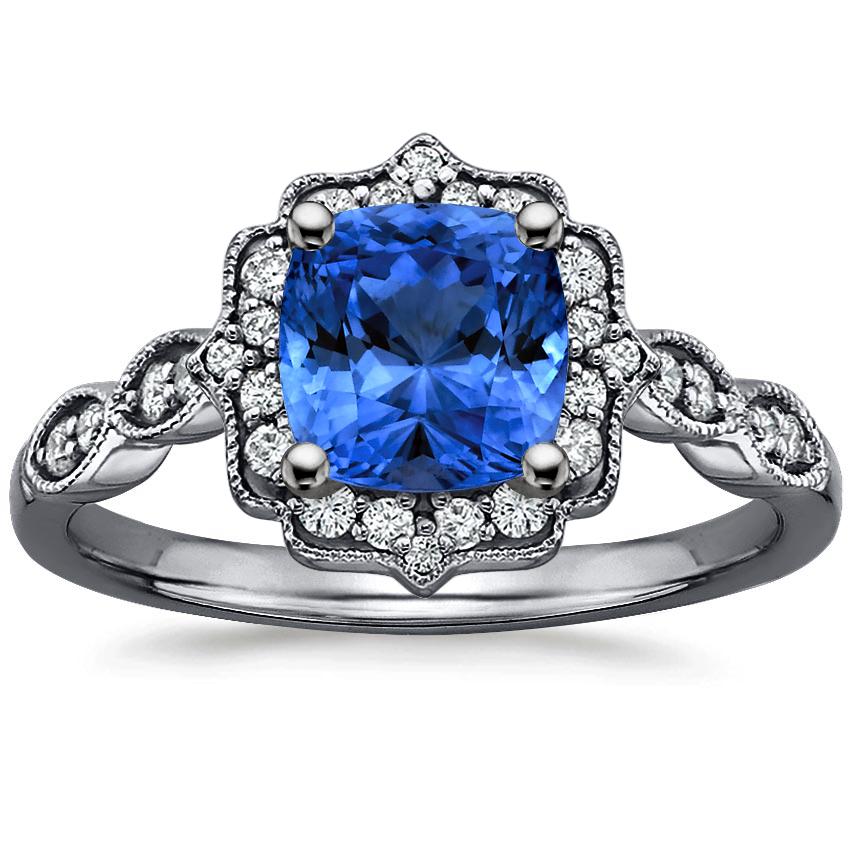 Sapphire Black Rhodium Cadenza Halo Diamond Ring In 18k White Gold