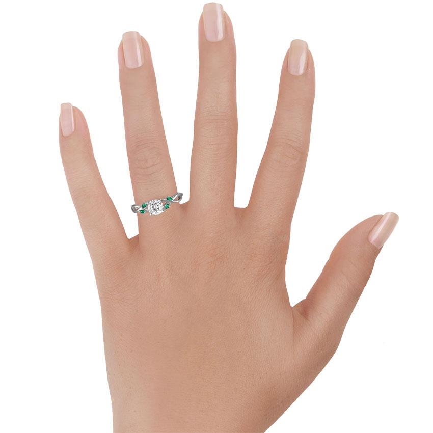 18K White Gold Willow Ring With Lab Emerald Accents, large top view on a hand