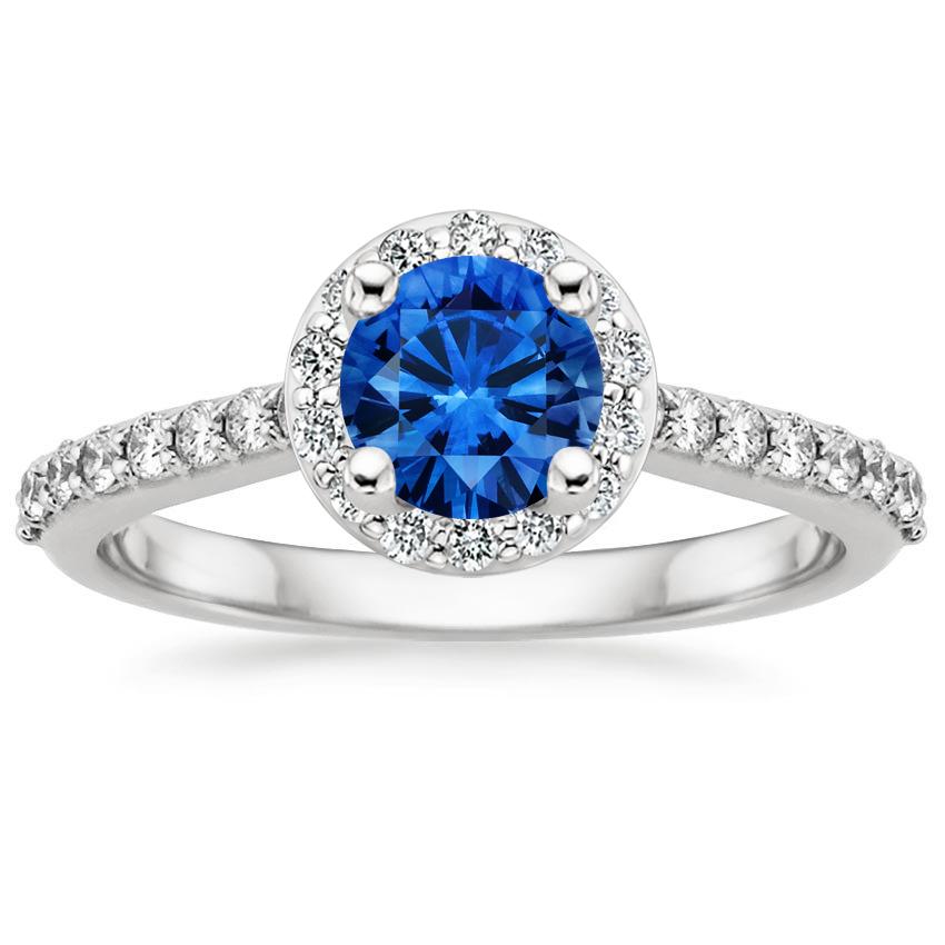 Sapphire Halo Diamond Ring with Side Stones (1/3 ct. tw.) in 18K White Gold