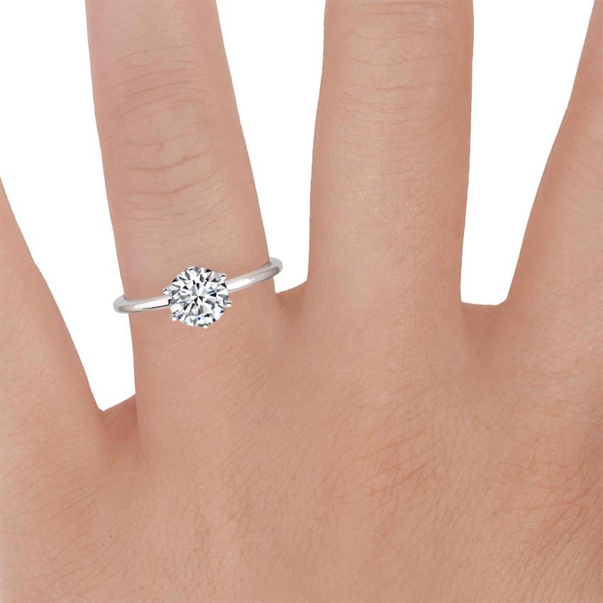 Platinum Six-Prong Petite Comfort Fit Ring, large zoomed in top view on a hand