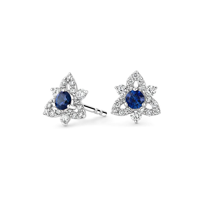 18K White Gold Sapphire and Diamond Flower Earrings (1/4 ct. tw.)