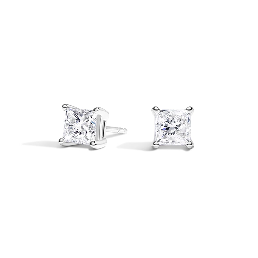 Platinum Four-prong Princess Diamond Stud Earrings, top view