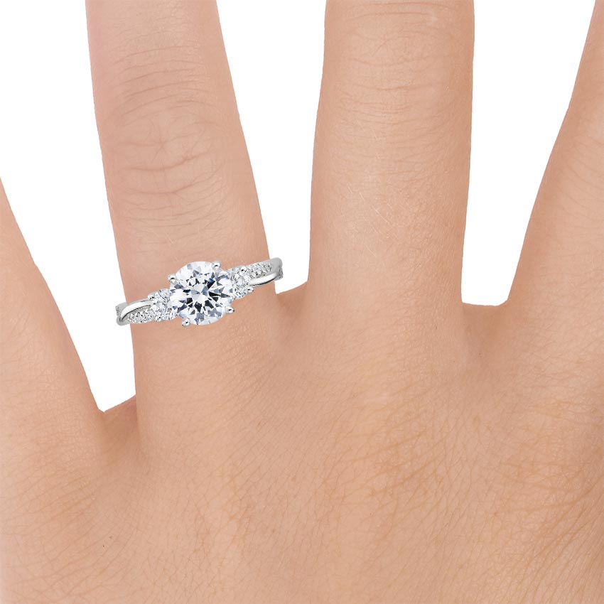18K White Gold Three Stone Petite Twisted Vine Diamond Ring (2/5 ct. tw.), large zoomed in top view on a hand