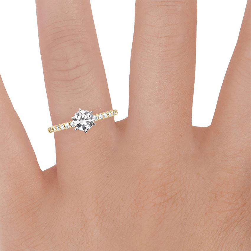 18K Yellow Gold Petite Shared Prong Three-Quarter Coverage Diamond Ring (1/3 ct. tw.), large zoomed in top view on a hand