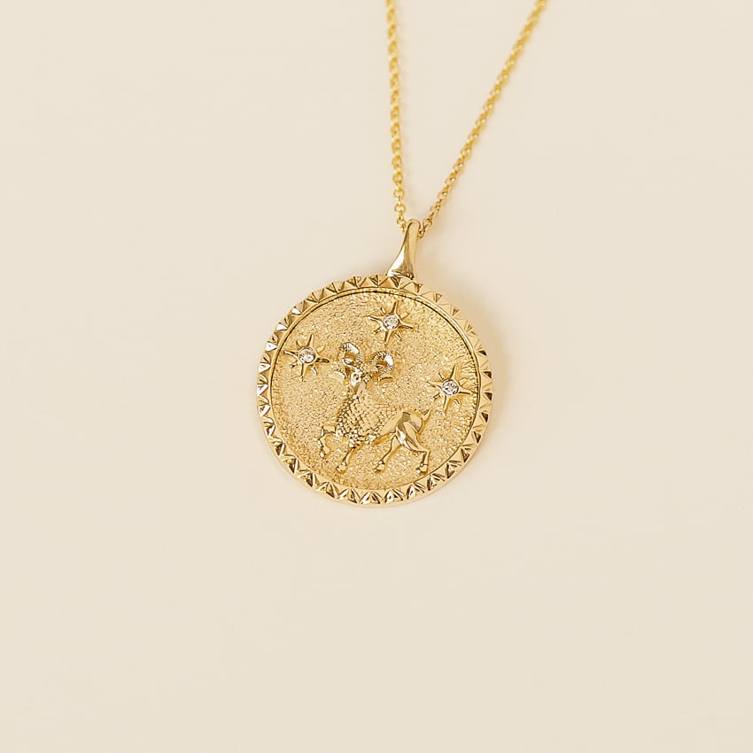 Yellow Accented Zodiac Aries | Earth Brilliant Gold Diamond Aries | Necklace 14K