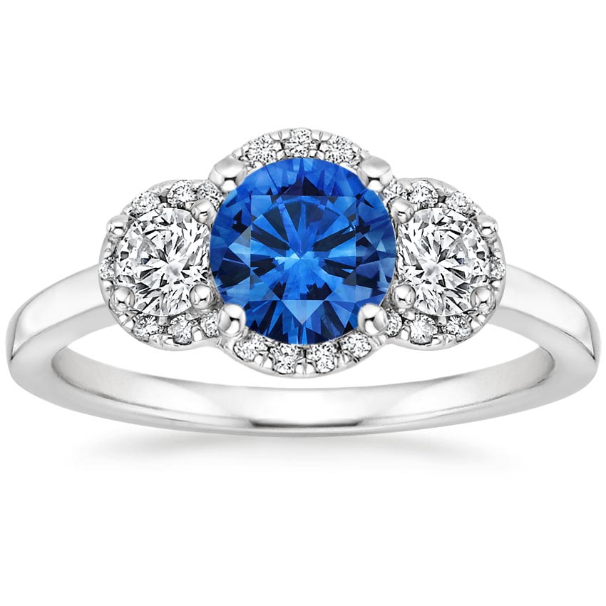 Sapphire Three Stone Halo Diamond Ring (1/2 ct. tw.) in 18K White Gold