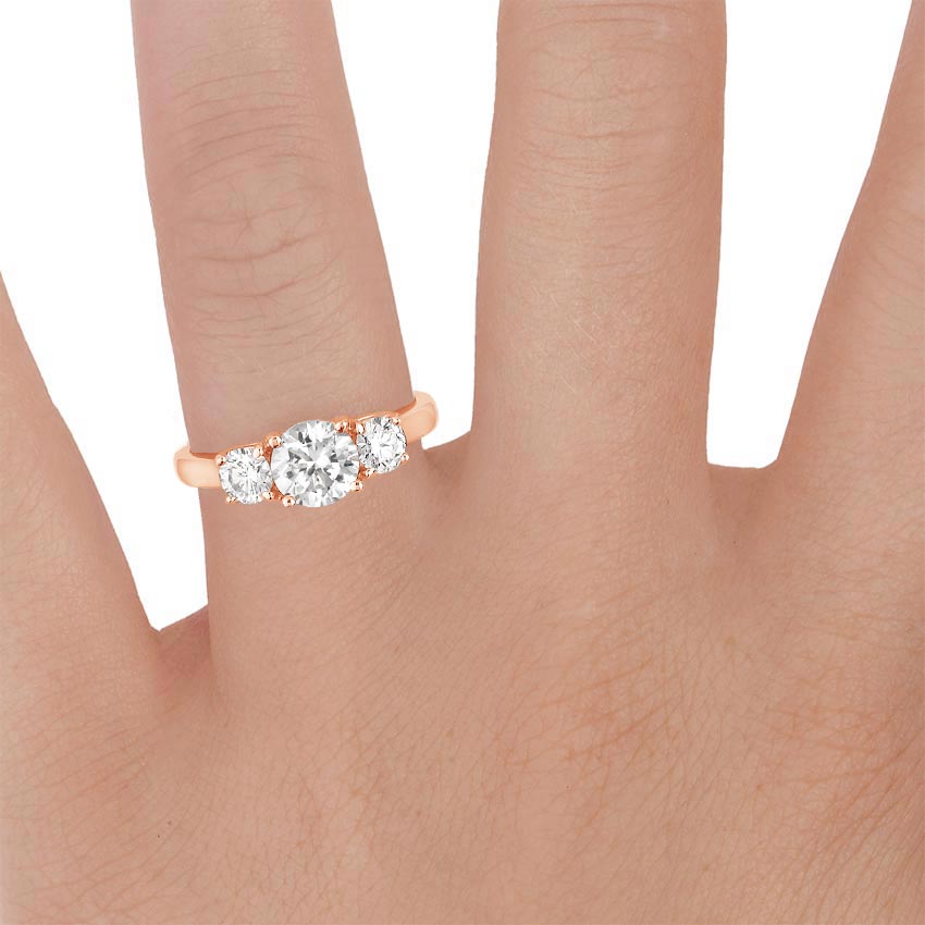 14K Rose Gold Three Stone Trellis Diamond Ring (1/2 ct. tw.), large zoomed in top view on a hand