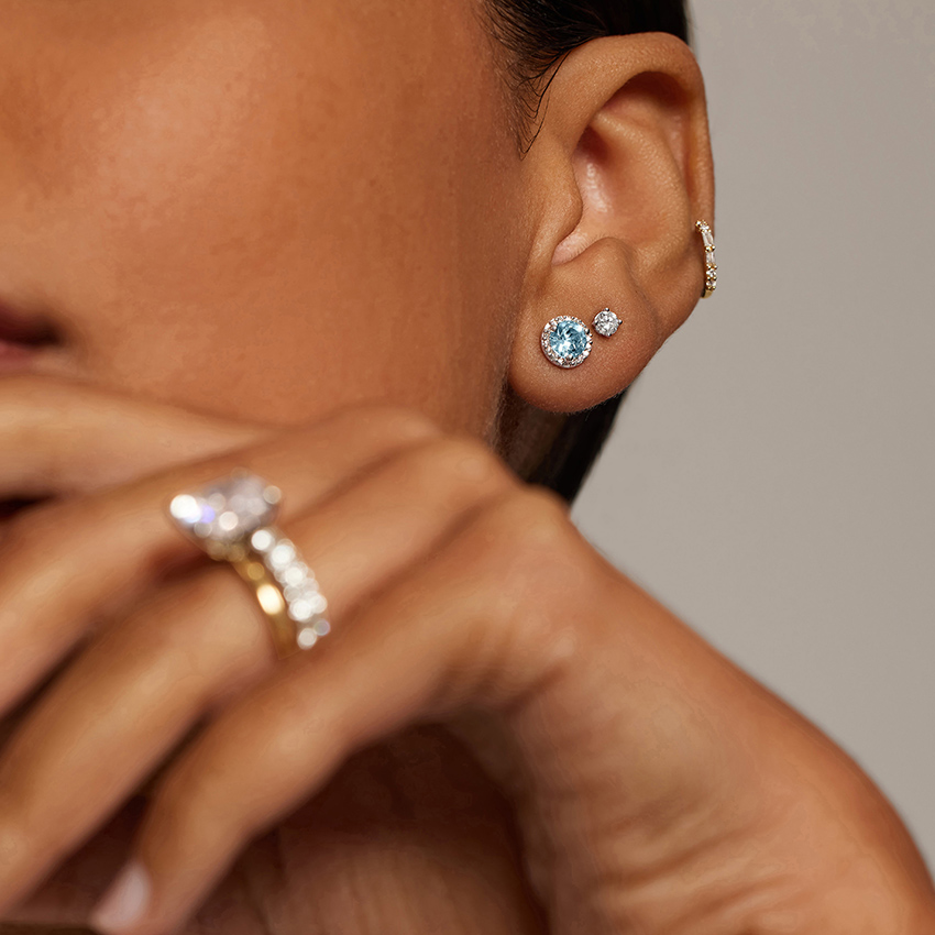 18K White Gold Aquamarine Halo Diamond Earrings