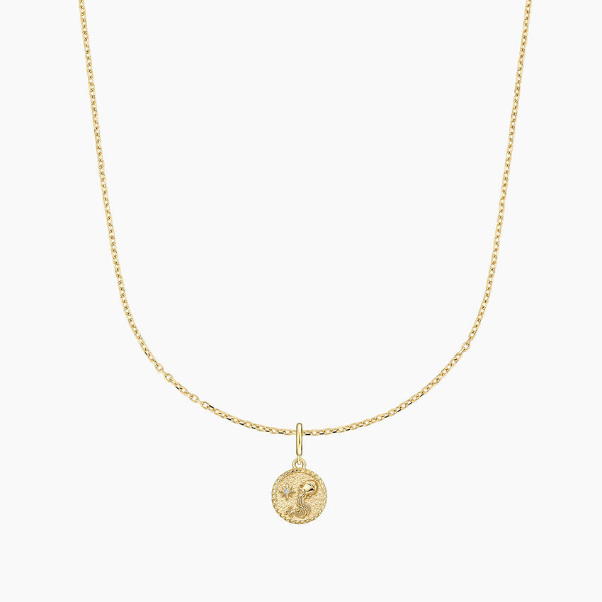 14K Yellow Gold Zodiac Diamond Aquarius Charm with 16 in. Diamond Cut Cable Chain Necklace