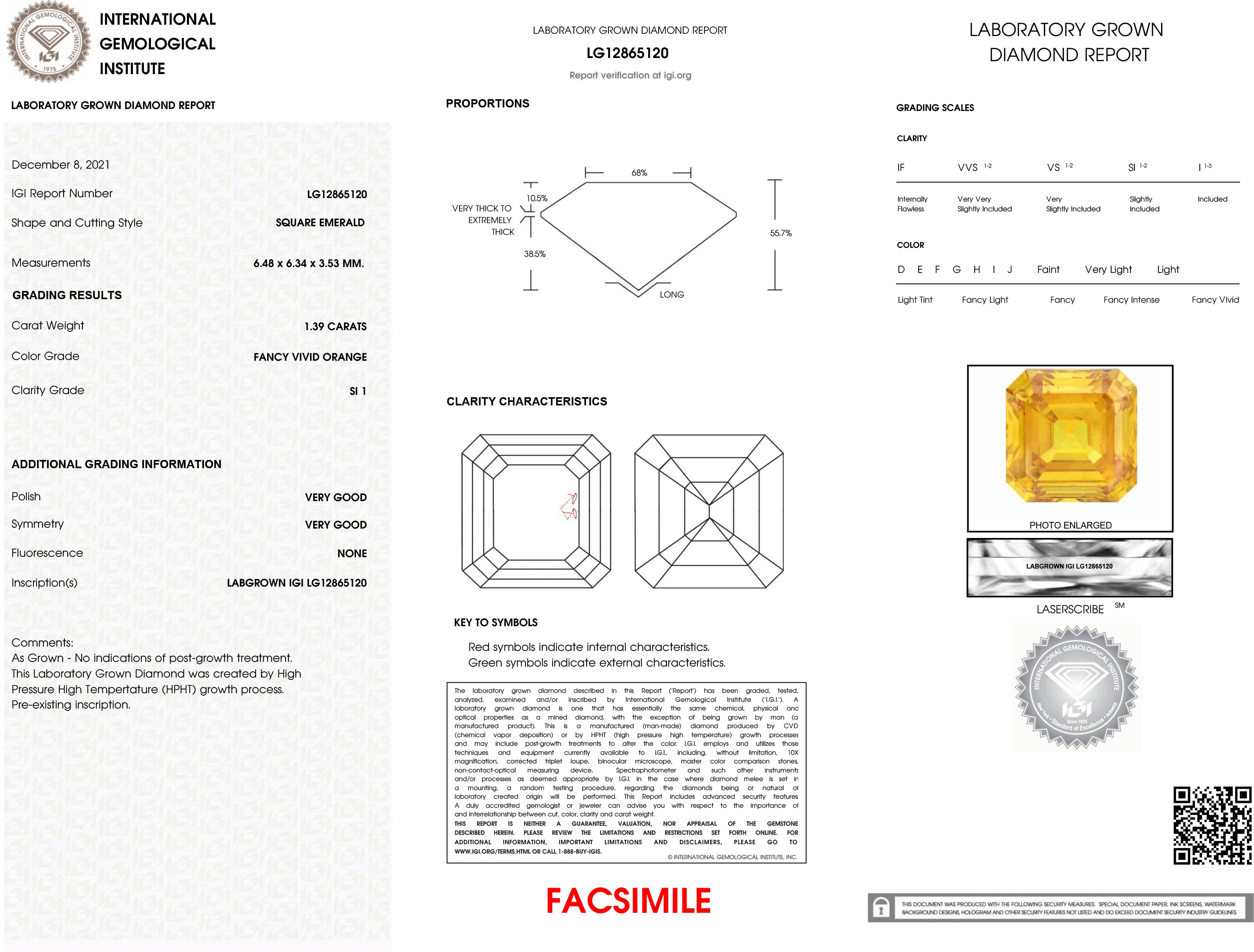 1.39 Ct. Fancy Vivid Orange Asscher Lab Grown Diamond, additional view 2