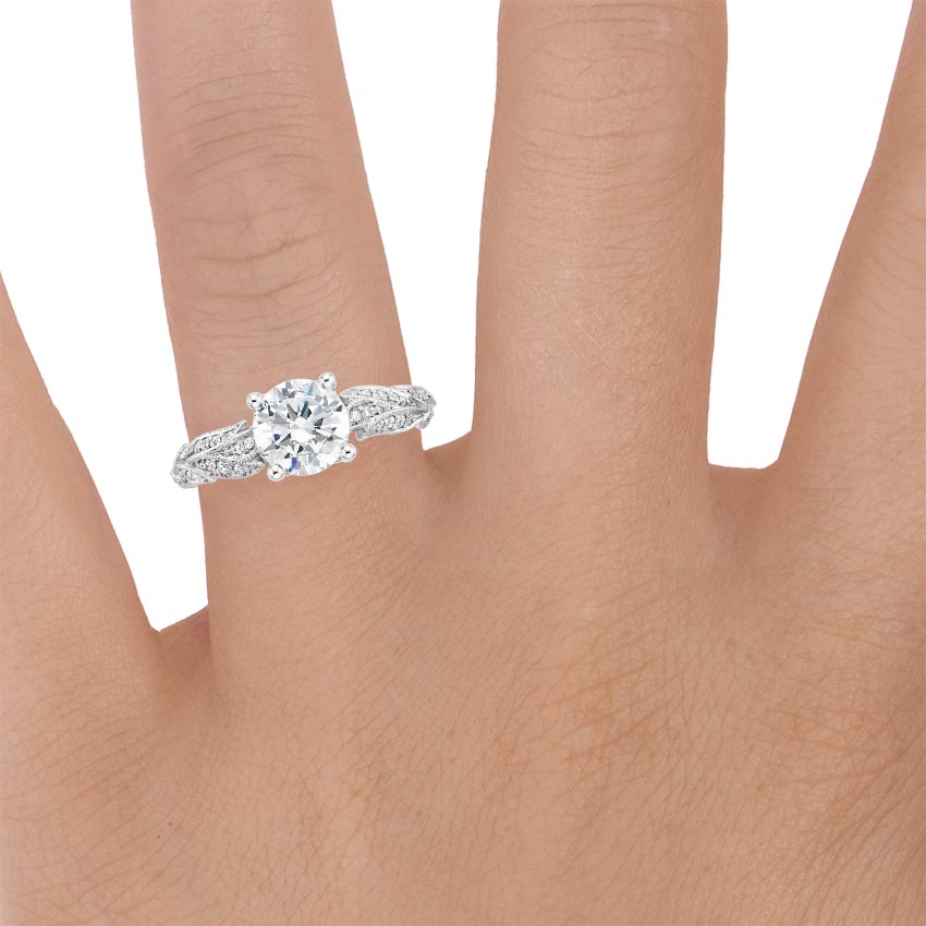 18K White Gold Plume Diamond Ring, large zoomed in top view on a hand