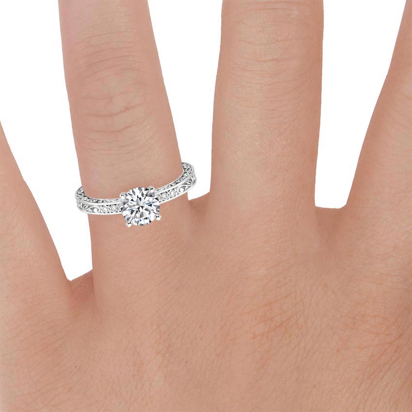 18K White Gold Delicate Antique Scroll Diamond Ring, large zoomed in top view on a hand