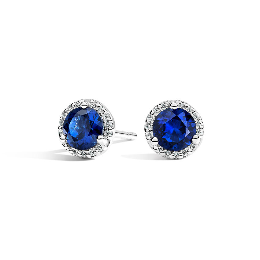 Sapphire Halo Diamond Earrings in 18K White Gold