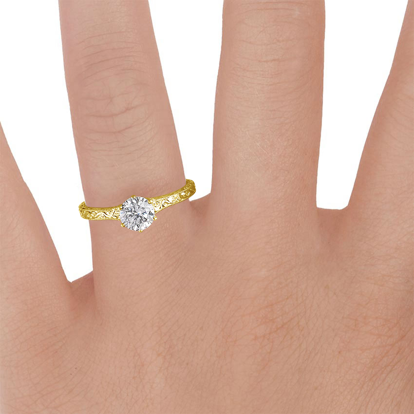 18K Yellow Gold Hudson Engraved Ring, large zoomed in top view on a hand