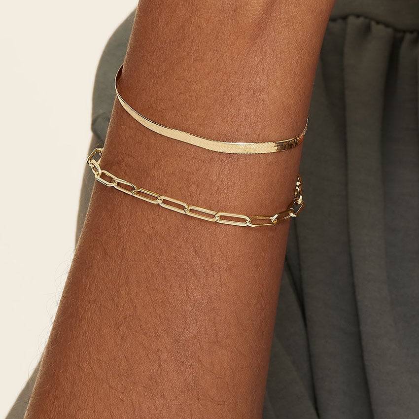 14K Yellow Gold The Trendsetter Herringbone and Paperclip Chain Bracelet Set
