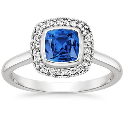 Sapphire Fancy Bezel Halo Diamond Ring in 18K White Gold