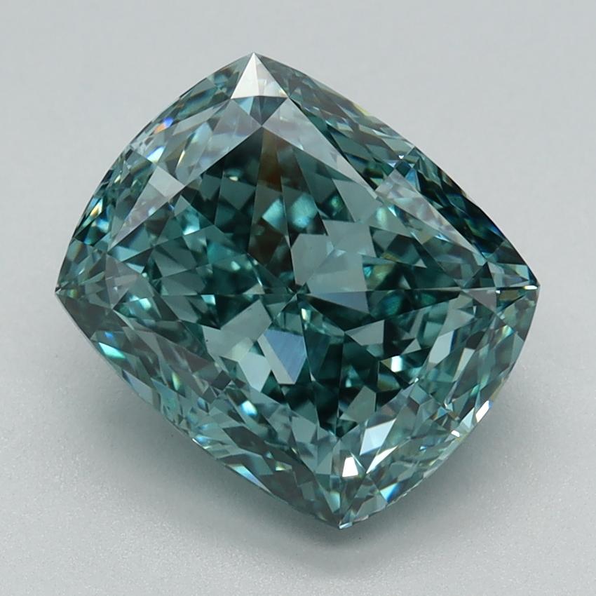 3.03 Ct. Fancy Vivid Bluish Green Cushion Lab Grown Diamond