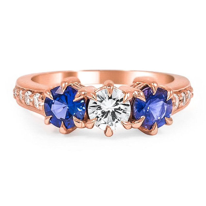 Custom Vintage Inspired Three Stone White and Blue Sapphire Ring