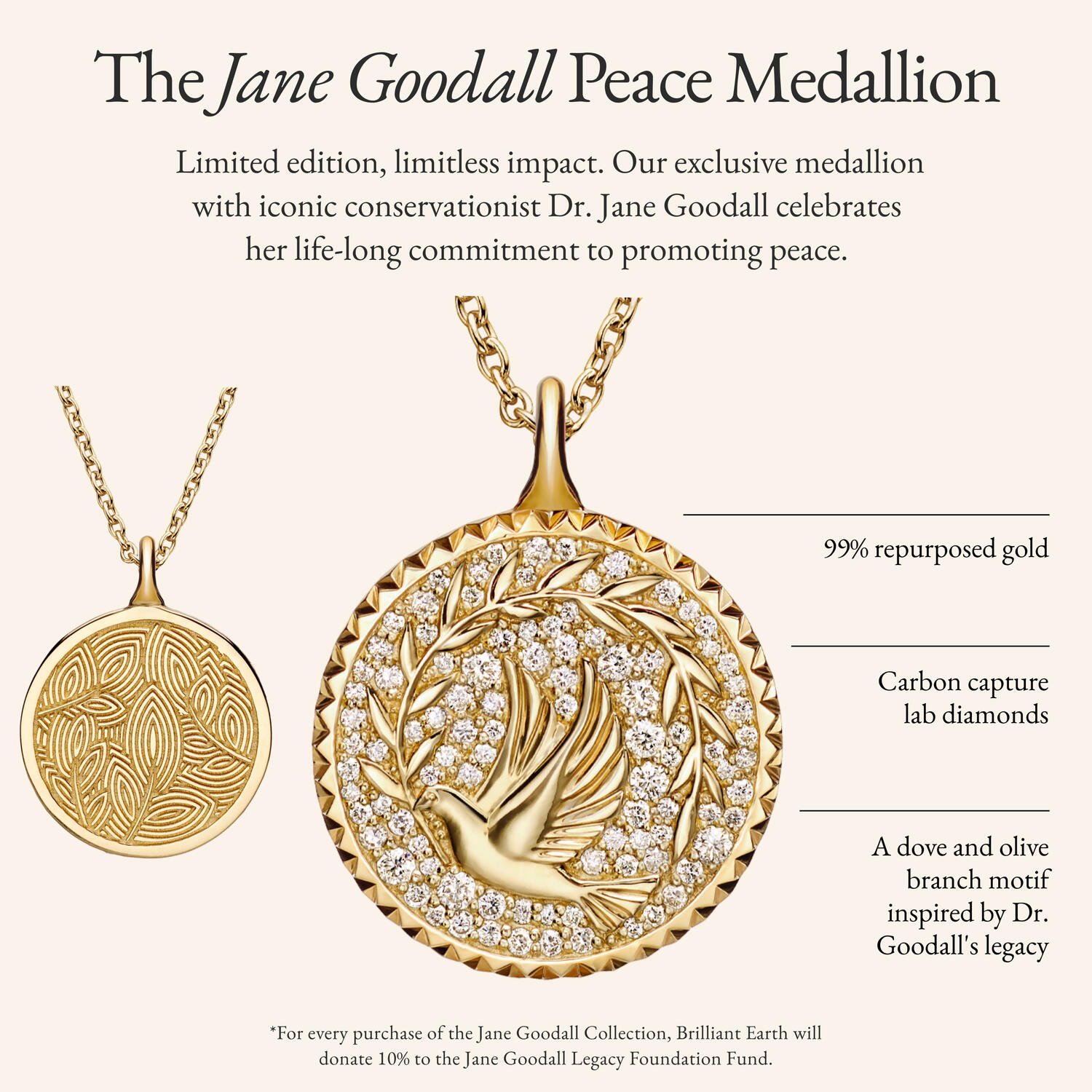 Jane Goodall Lab Diamond Peace Medallion Necklace (3/8 ct. tw.) in 14K Yellow Gold