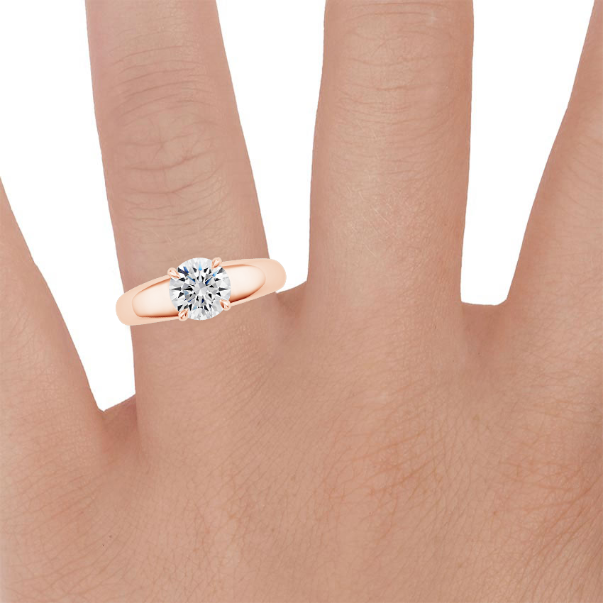 14K Rose Gold Adrian Solitaire Ring, large zoomed in top view on a hand