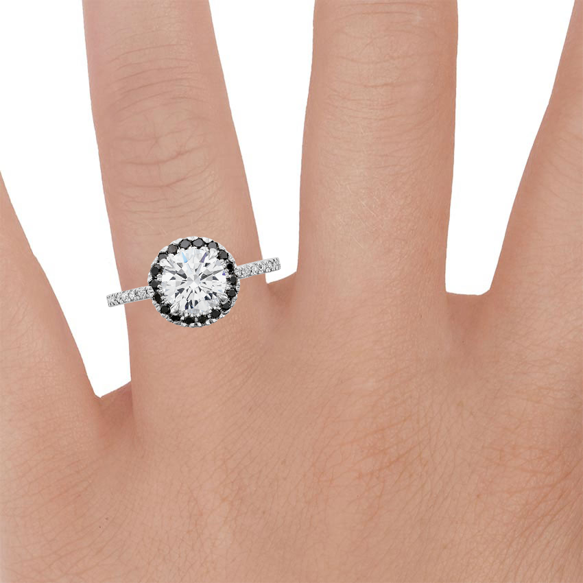 Platinum Waverly Diamond Ring with Black Diamond Accents, large zoomed in top view on a hand