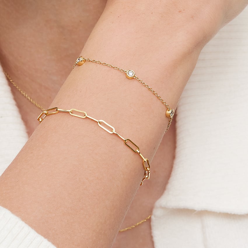 14K Yellow Gold The Enthusiast Paperclip and Diamond Bracelet Set