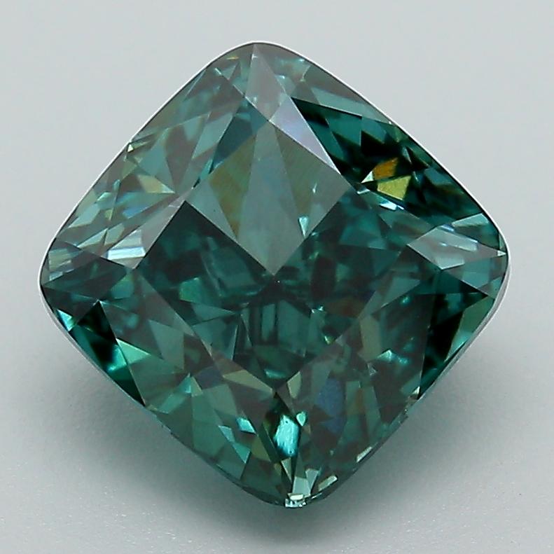 3.01 Ct. Fancy Vivid Bluish Green Cushion Lab Grown Diamond
