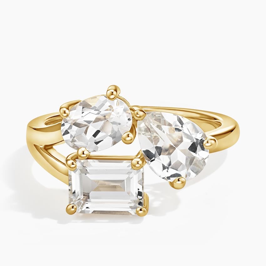 18K Yellow Gold Three Stone Toi et Moi White Topaz Ring