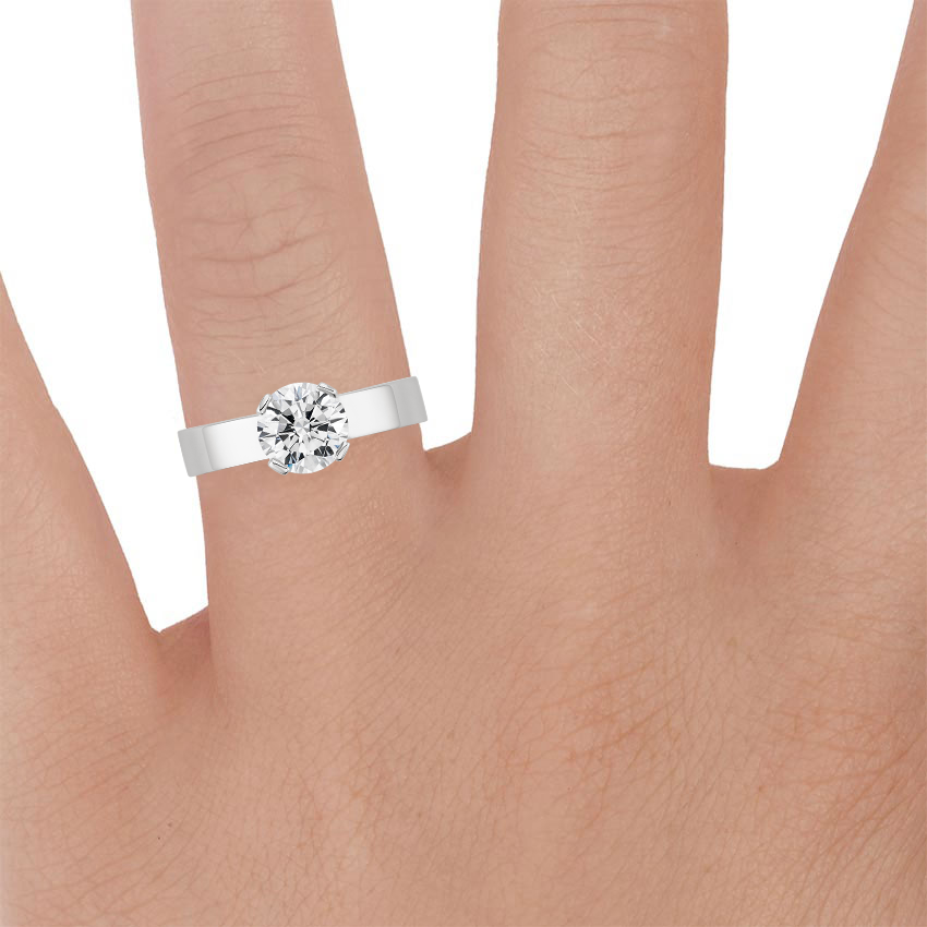18K White Gold Parker Solitaire Ring, large zoomed in top view on a hand