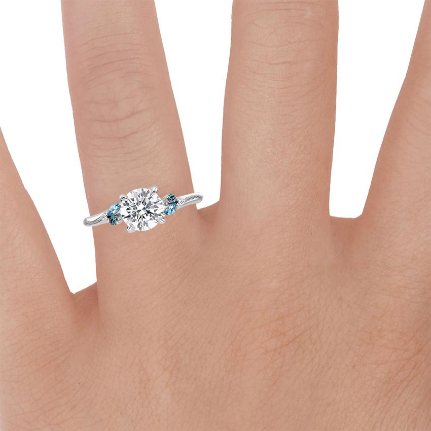 18K White Gold Camellia Indigo Milgrain Ring, large zoomed in top view on a hand