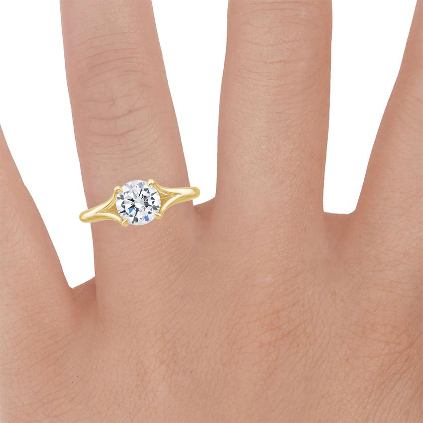 18K Yellow Gold Reverie Solitaire Ring, large zoomed in top view on a hand